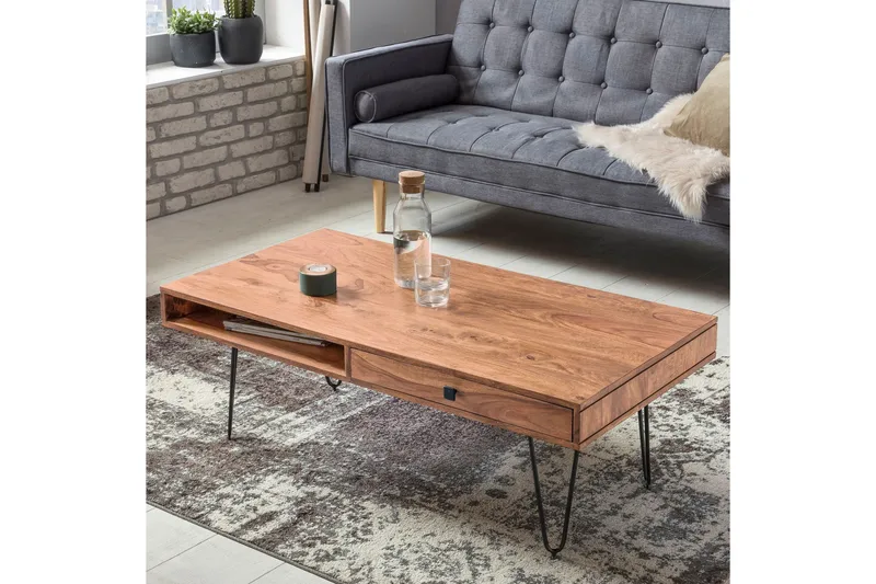 Langner Sofabord 60 cm med Oppbevaring 2 Skuffer + Hyller - Akacia/Svart - Møbler - Bord - Sofabord - Sofabord med oppbevaring