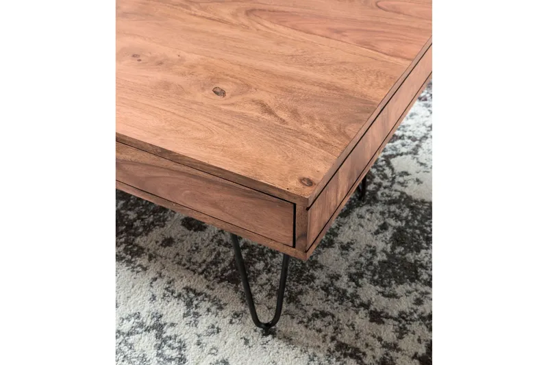 Langner Sofabord 60 cm med Oppbevaring 2 Skuffer + Hyller - Akacia/Svart - Møbler - Bord - Sofabord - Sofabord med oppbevaring