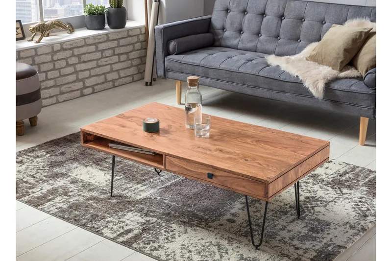 Langner Sofabord 60 cm med Oppbevaring 2 Skuffer + Hyller - Akacia/Svart - Møbler - Bord - Sofabord - Sofabord med oppbevaring