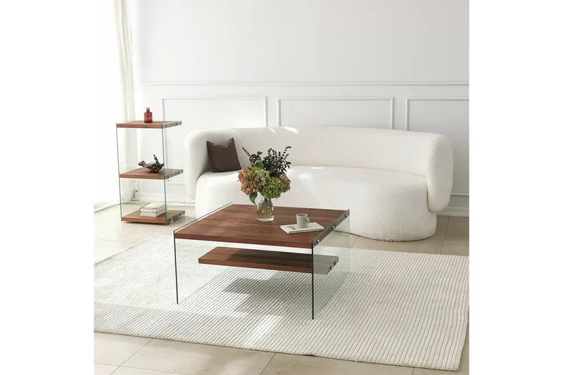 Lepinas 75 cm Firkantet Sofabord med Glassider og Hylle i Lyst Tre, Brun