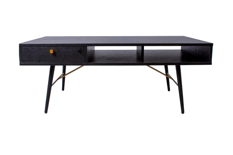 Luxem Sofabord 115 cm med Oppbevaringsskuff + Hylle, Svart/Kobber