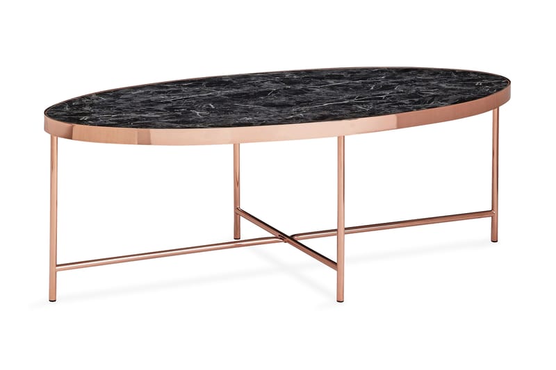 Makaria Sofabord 110 cm Ovalt Marmormønster - Glass/Svart/Messing - Sammenleggbart bord - Speilbord - Sofabord - Sofabord med oppbevaring - Sofabord med hjul - Hev og senkbart sofabord