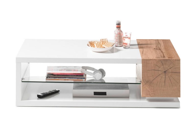 Manisa Sofabord 120 cm med Oppbevaringshylle - Glass/Natur/Hvit - Sofabord