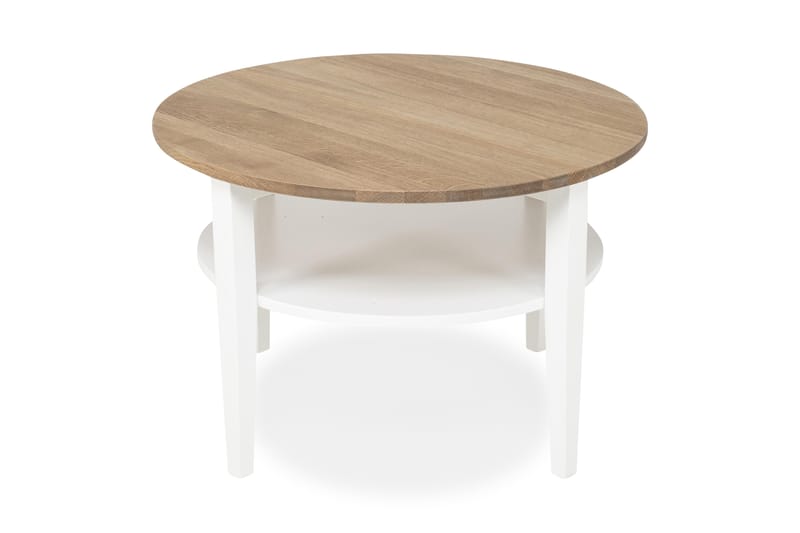 Mantorp Sofabord 80 cm Rundt med Oppbevaring Hylle - Massiv Eik/Hvit - Møbler - Bord - Sofabord - Sofabord med oppbevaring