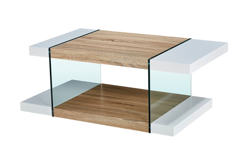 Marcelen Sofabord 120 cm med Oppbevaringshylle - Glass/Hvit/Brun - Sofabord