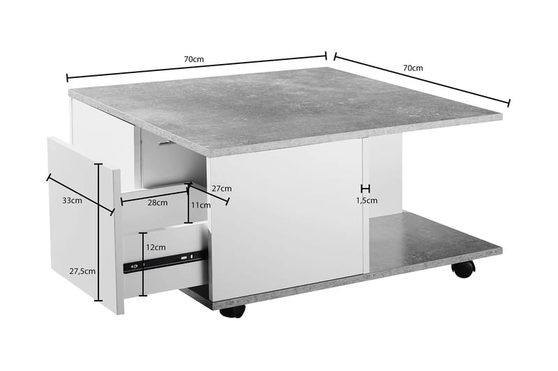 Marchall 70 cm Kvadratisk Sofabord med Skuffer og Hjul i Tre - Betonggrå - Møbler - Bord - Sofabord - Sofabord med hjul