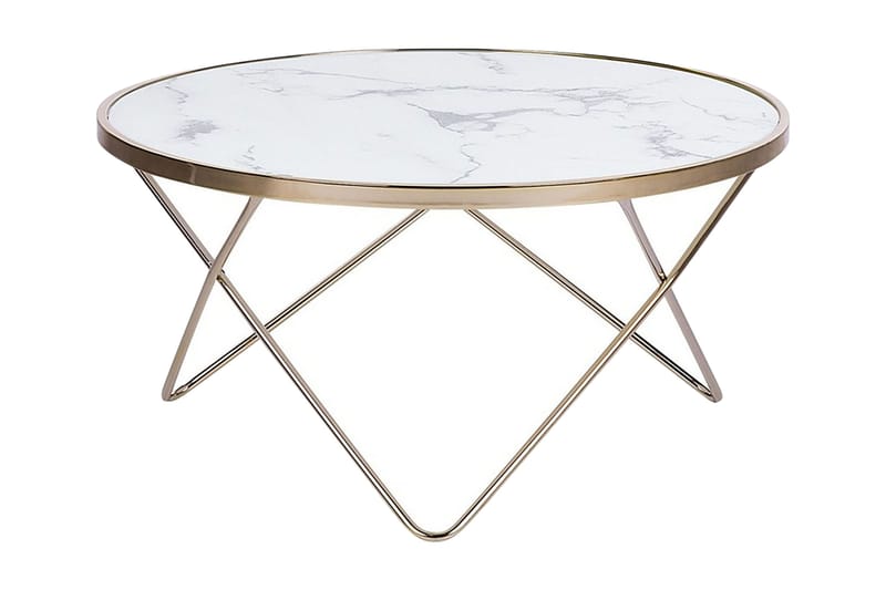 Meerah Sofabord 80 cm Rundt Marmormønster - Glass/Hvit/Gull - Møbler - Bord - Sofabord