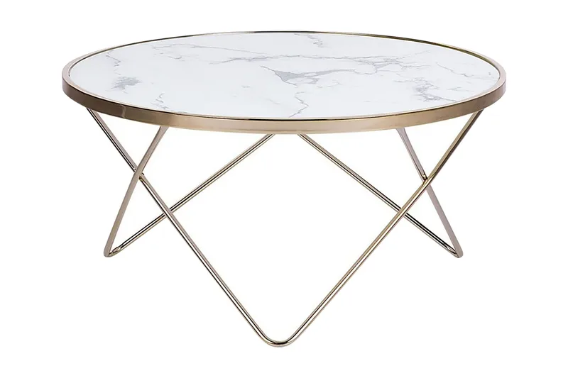 Meerah Sofabord 80 cm Rundt Marmormønster, Glass/Hvit/Gull