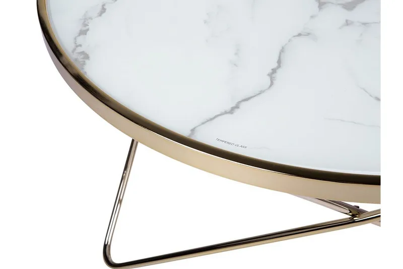 Meerah Sofabord 80 cm Rundt Marmormønster - Glass/Hvit/Gull - Møbler - Bord - Sofabord