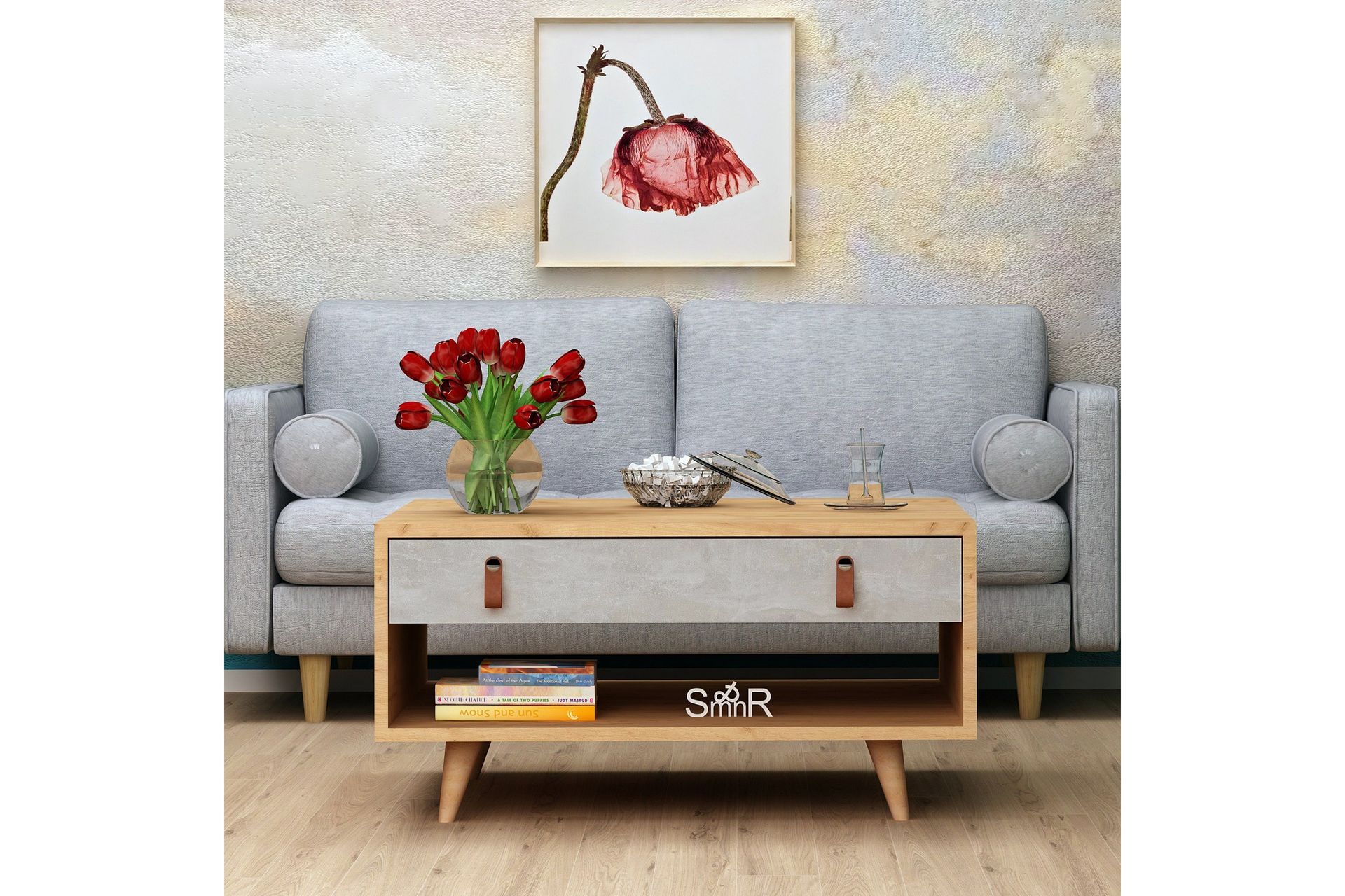 Mod Design Sofabord 80 cm med Oppbevaring Skuff + Hylle Lærb - Grå/Tre - Møbler - Bord - Sofabord