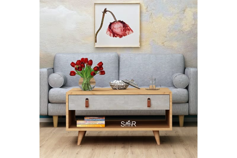 Mod Design Sofabord 80 cm med Oppbevaring Skuff + Hylle Lærb - Grå/Tre - Møbler - Bord - Sofabord