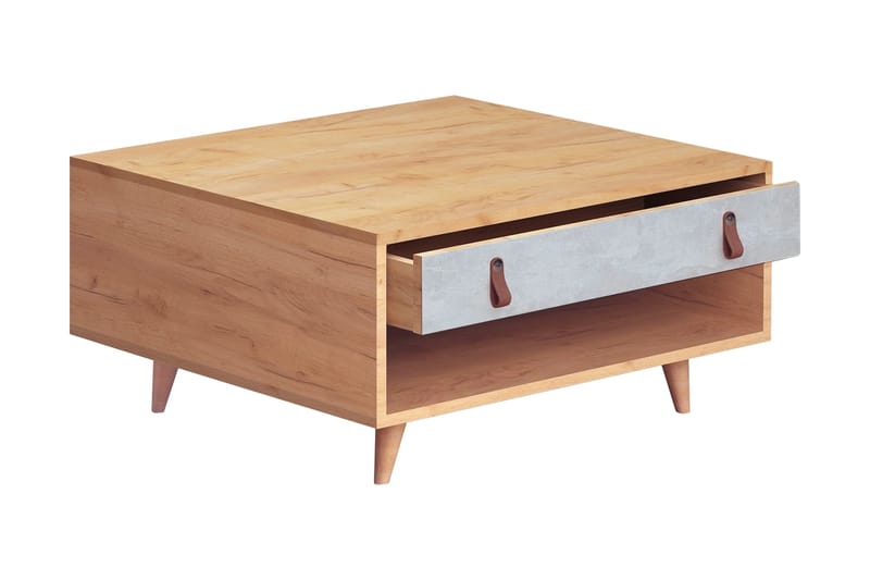 Mod Design Sofabord 80 cm med Oppbevaring Skuff + Hylle Lærb - Grå/Tre - Sofabord
