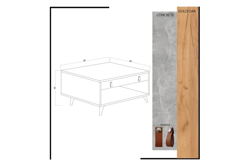 Mod Design Sofabord 80 cm med Oppbevaring Skuff + Hylle Lærb - Grå/Tre - Sofabord