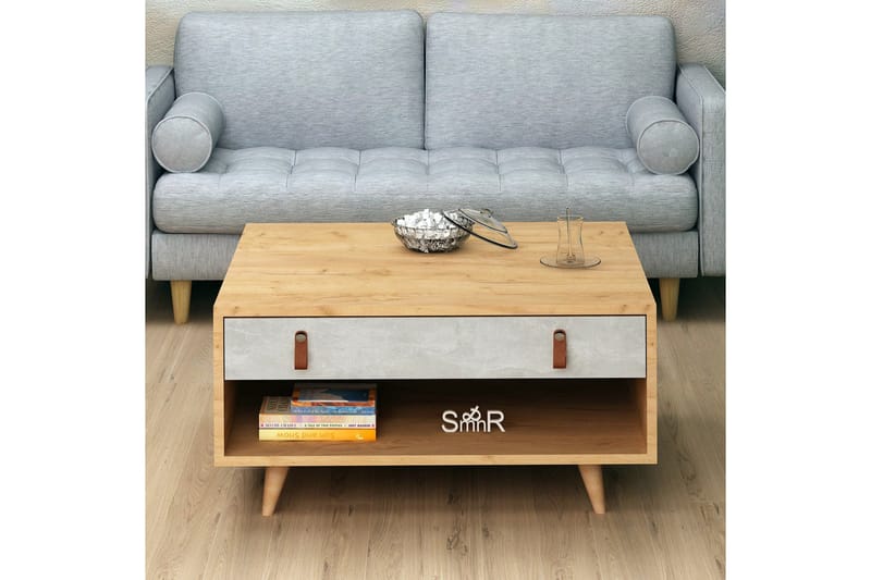 Mod Design Sofabord 80 cm med Oppbevaring Skuff + Hylle Lærb - Grå/Tre - Møbler - Bord - Sofabord