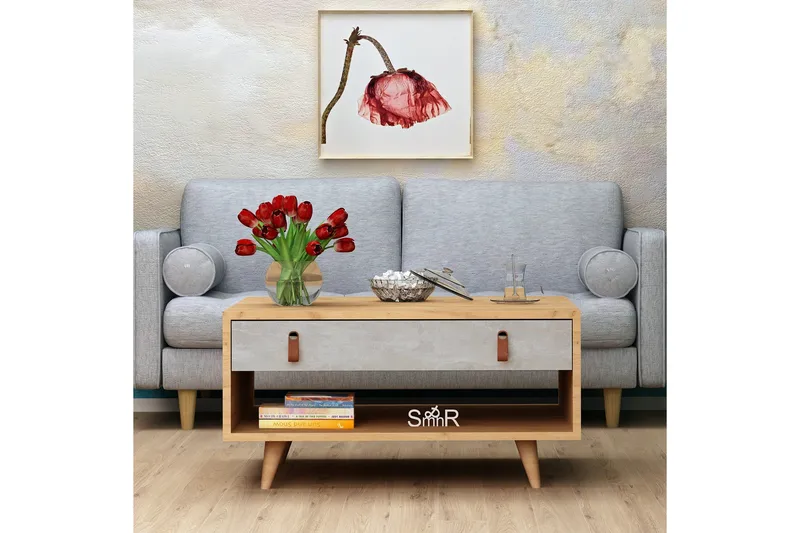 Mod Design Sofabord 80 cm med Oppbevaring Skuff + Hylle Lærb - Grå/Tre - Møbler - Bord - Sofabord