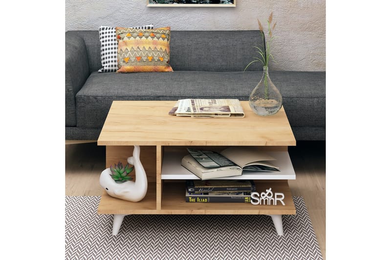 Mod Design Sofabord 80 cm med Oppbevaringshyller - Tre/Hvit - Sofabord