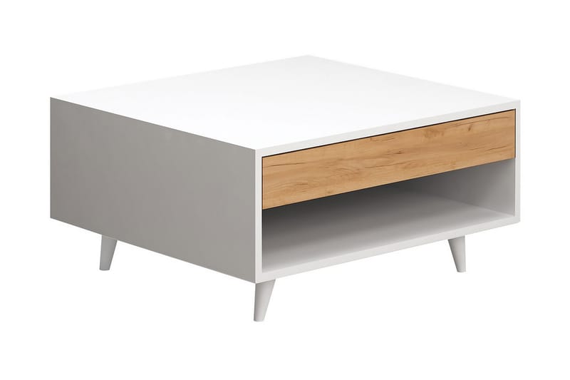 Mod Design Sofabord 80 cm med Oppbevaringsskuff + Hylle - Tre/Hvit - Sofabord