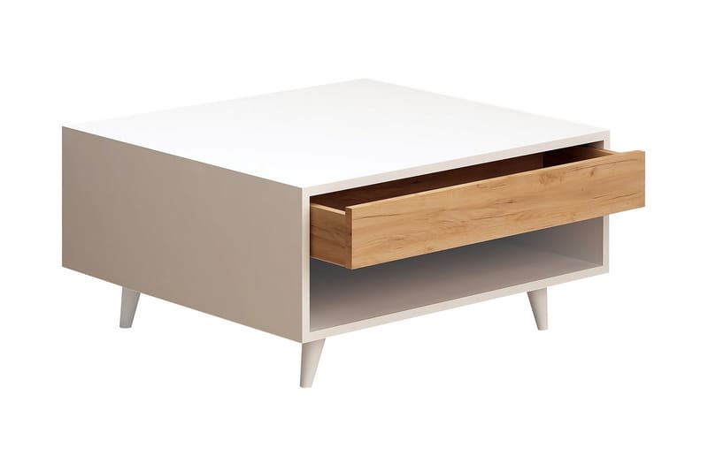 Mod Design Sofabord 80 cm med Oppbevaringsskuff + Hylle - Tre/Hvit - Sofabord