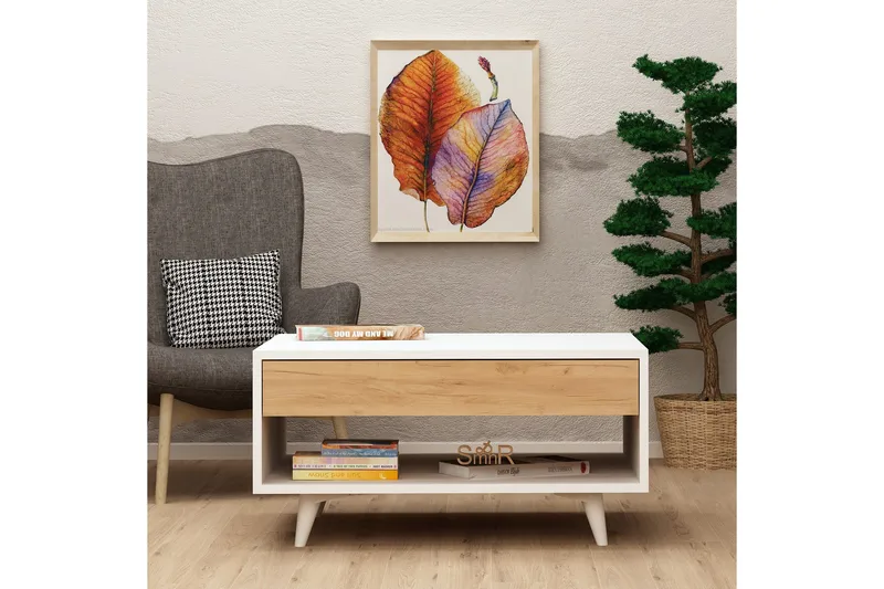 Mod Design Sofabord 80 cm med Oppbevaringsskuff + Hylle - Tre/Hvit - Møbler - Bord - Sofabord