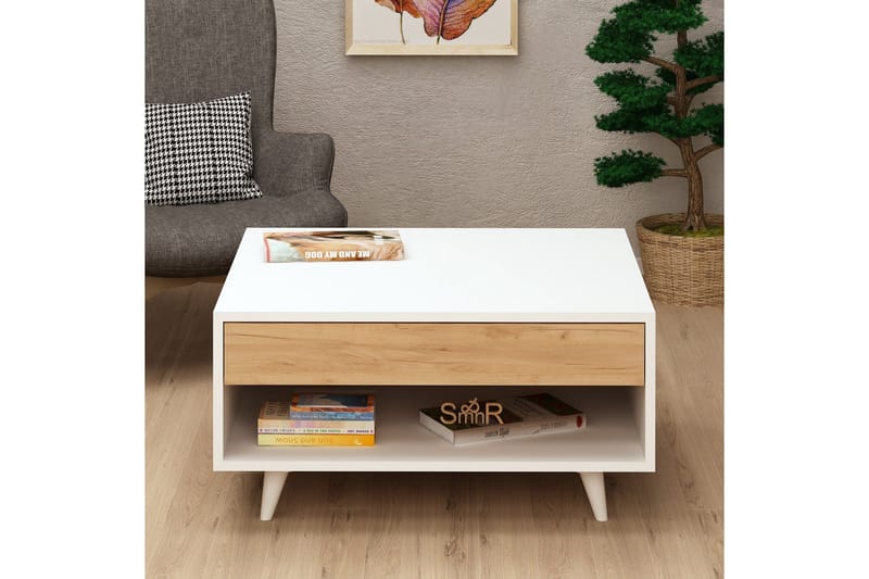 Mod Design Sofabord 80 cm med Oppbevaringsskuff + Hylle - Tre/Hvit - Møbler - Bord - Sofabord
