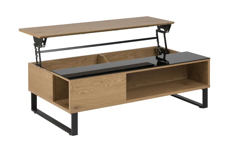 Muriel Forlengingsbart Sofabord 110 cm med Oppbevaring Hylle - Glass/Eikefarge/Svart - Møbler - Bord - Sofabord