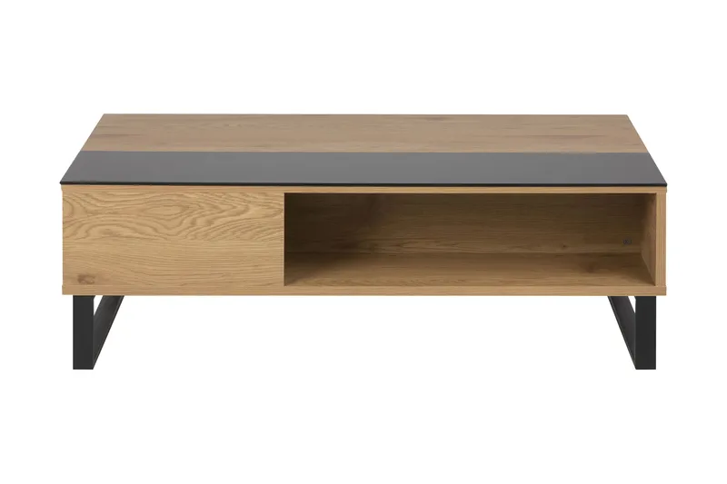 Muriel Uttrekkbart Sofabord 110 cm med Oppbevaringshylle, Glass/Eikefarge/Svart