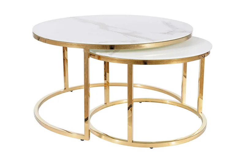 Musara Sofabord Rundt Marmorlook, Glass/Hvit Matt Lakk/Gull