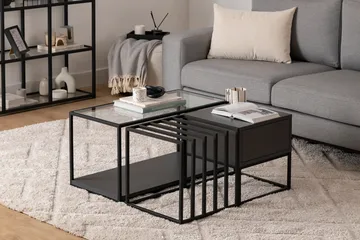 Natsumi 90 cm Rektangulært Sofabord med Skuffer i Metall med Glassplate - Sort - Møbler - Bord - Sofabord