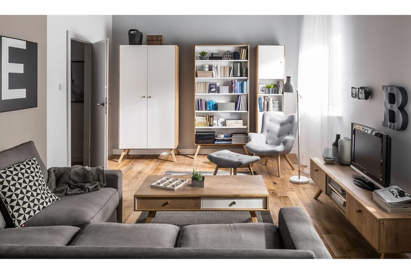 Nature Sofabord 120 cm med Oppbevaring Hvit/Eik - VOX - Møbler - Bord - Sofabord