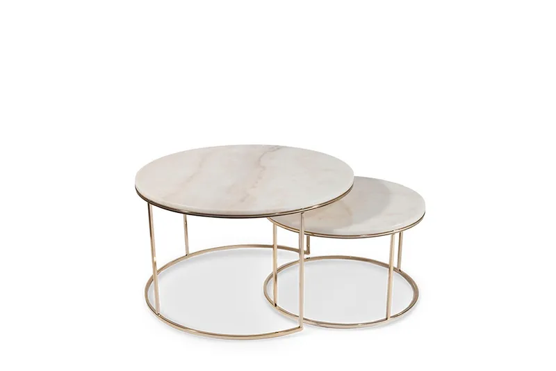 New York Sofabord 80 cm Sett med 2 Rundt, Marmor/Champagne