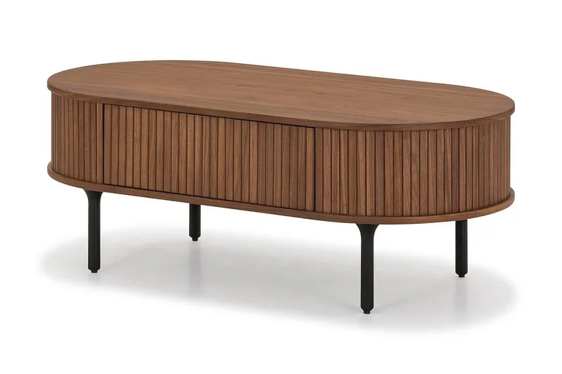 Noira ovalt sofabord 118x60 cm i tre med valnøttutseende og ribbede skuffer - Brun - Møbler - Bord - Sofabord