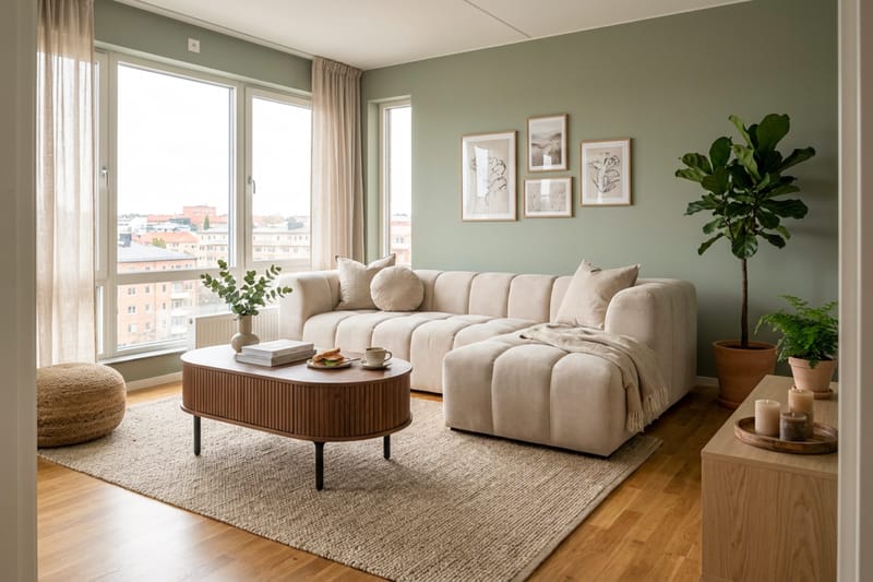 Noira ovalt sofabord 118x60 cm i tre med valnøttutseende og ribbede skuffer - Brun - Møbler - Bord - Sofabord