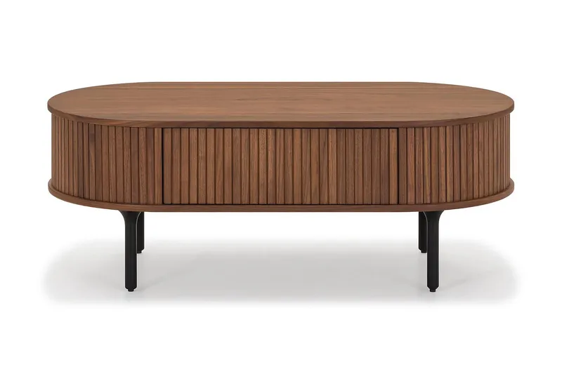 Noira ovalt sofabord i valnøtt 118x60 cm med oppbevaringsskuff, Brun/mørkebrunt tre/riflet