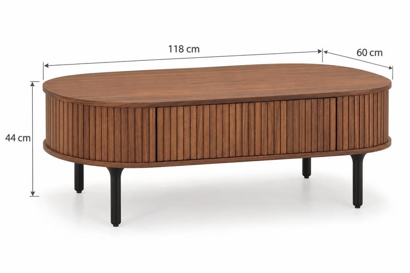 Noira ovalt sofabord i valnøtt 118x60 cm med oppbevaringsskuff - Brun/mørkebrunt tre/riflet - Møbler - Bord - Sofabord