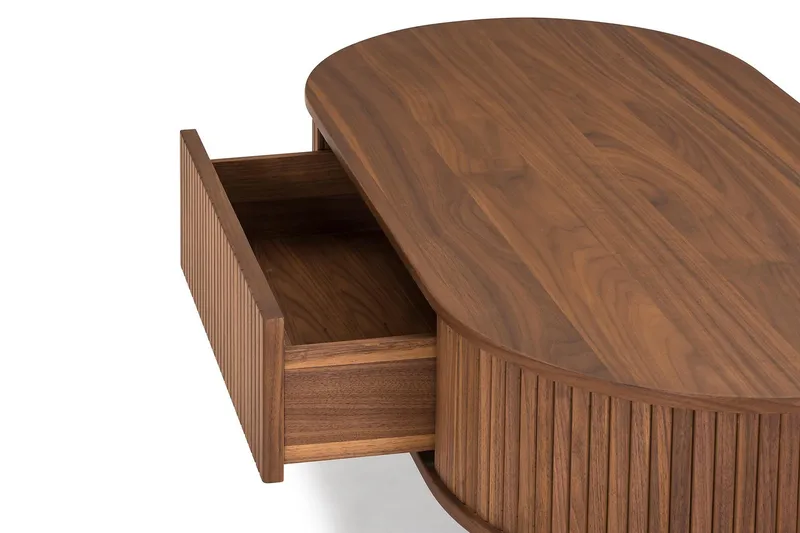 Noira Ovalt Sofabord Valnøtt 118x60 cm med oppbevaringsskuff - Brun / Mørkebrunt Tre / Ribbet - Møbler - Bord - Sofabord