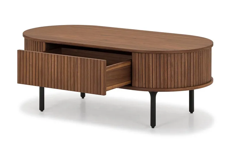 Noira Ovalt Sofabord Valnøtt 118x60 cm med oppbevaringsskuff - Brun / Mørkebrunt Tre / Ribbet - Møbler - Bord - Sofabord