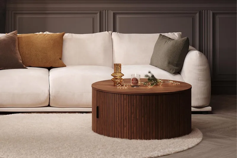 Noira Rundt Sofabord 80 cm med Oppbevaring Skuff - Valnøtt / Brunt Tre - Møbler - Bord - Sofabord