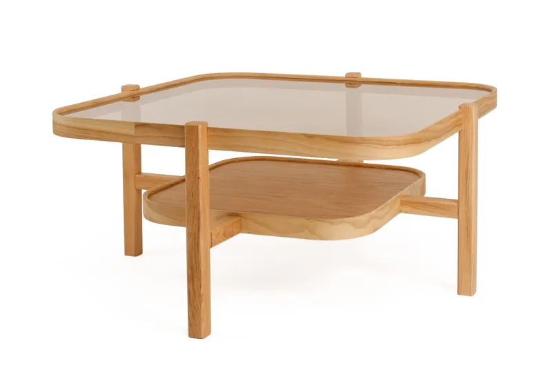 Nylvik 90 cm Rundt Sofabord med Oppbevaring i med Treben - Brunt Røykglass - Møbler - Bord - Sofabord