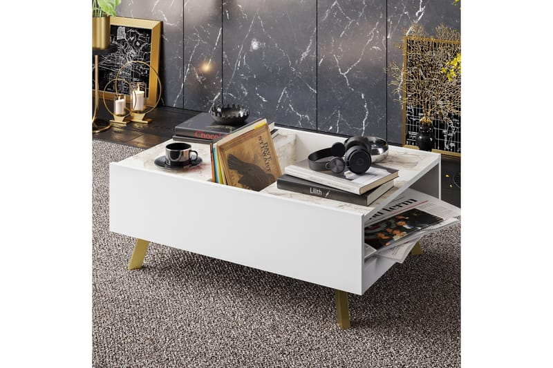 Ocotla Sofabord 90 cm med Oppbevaring Marmormønster - Hvit/Mørkebrun - Sofabord