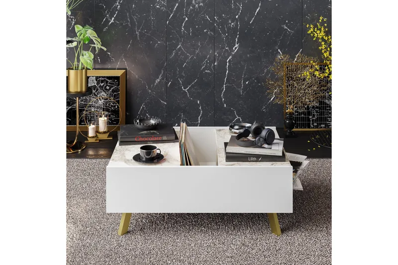 Ocotla Sofabord 90 cm med Oppbevaring Marmormønster - Hvit/Mørkebrun - Møbler - Bord - Sofabord