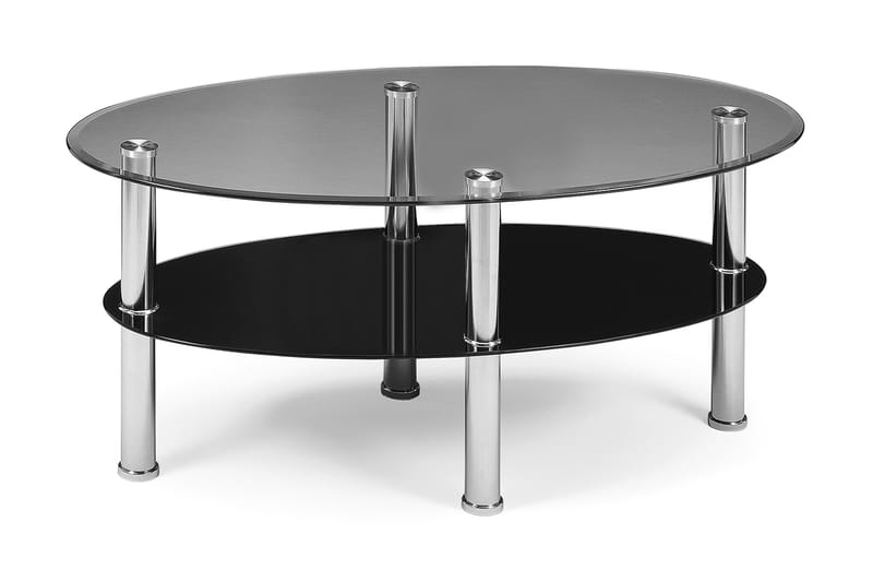Orna Sofabord 110 cm Ovalt med Oppbevaring Hylle - Glass/Svart/Lysegrå - Sofabord med oppbevaring - Sofabord