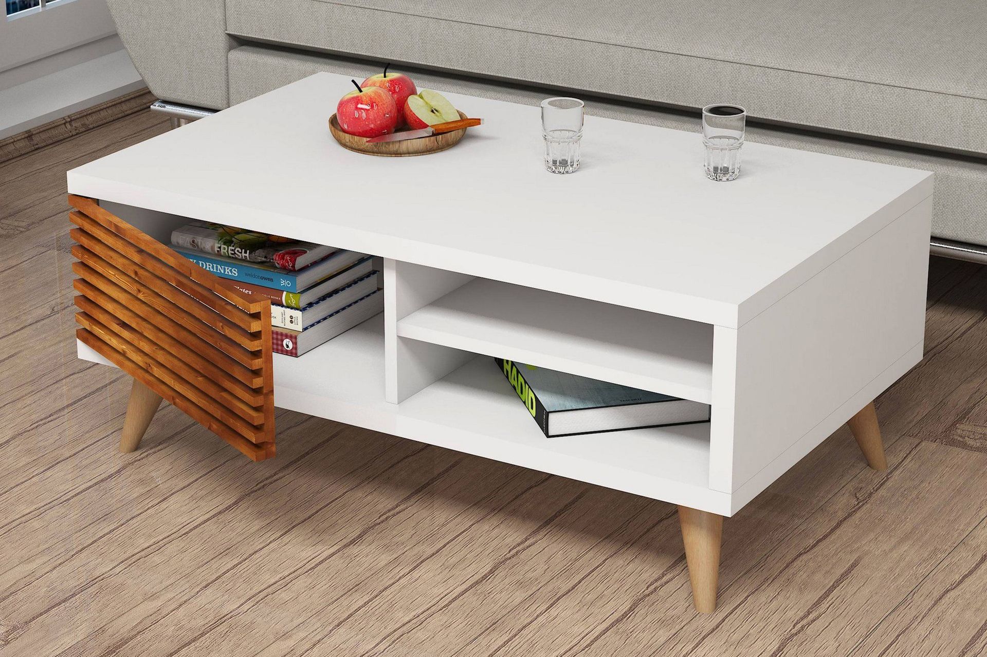 Puqa Design Sofabord 100 cm med Oppbevaring Hylle + Skåp - Valnøttsbrun/Hvit - Møbler - Bord - Sofabord