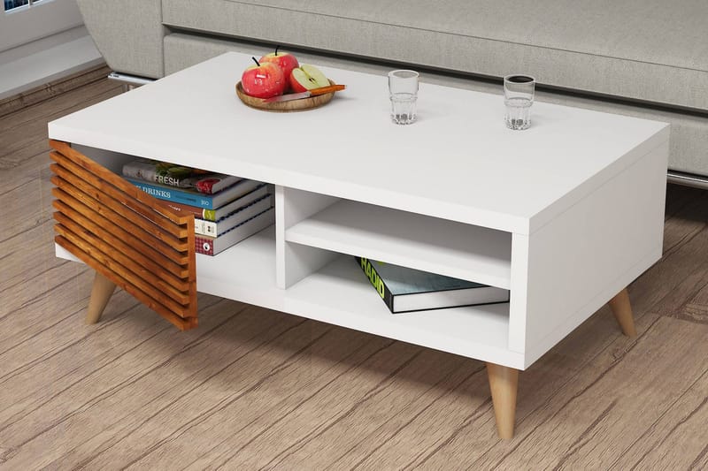 Puqa Design Sofabord 100 cm med Oppbevaring Hylle + Skåp - Valnøttsbrun/Hvit - Møbler - Bord - Sofabord