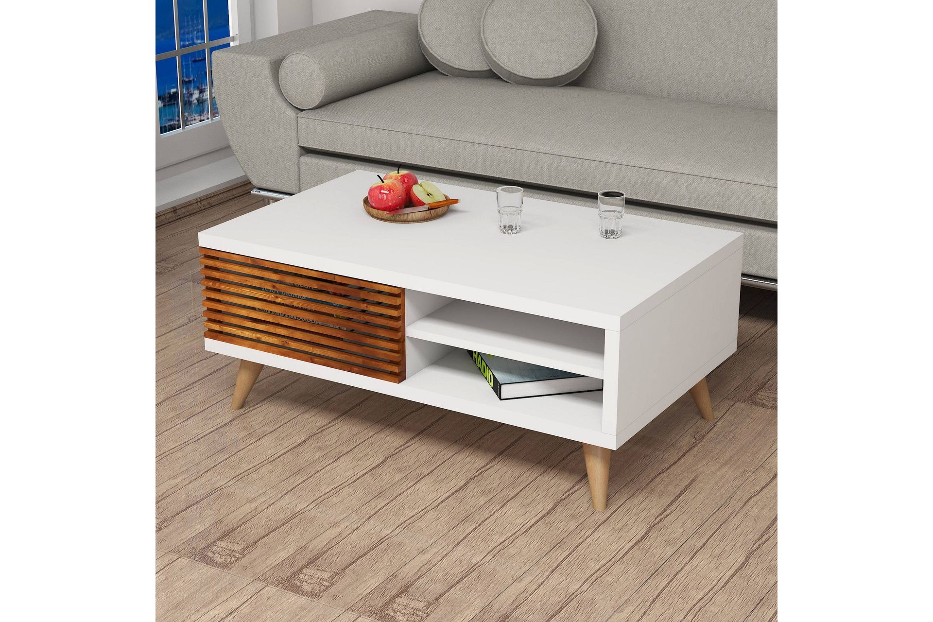 Puqa Design Sofabord 100 cm med Oppbevaring Hylle + Skåp - Valnøttsbrun/Hvit - Møbler - Bord - Sofabord