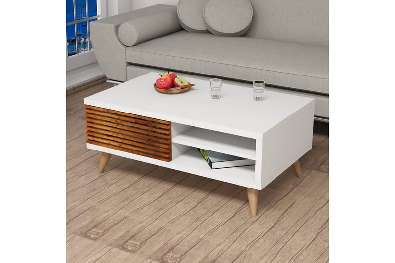 Puqa Design Sofabord 100 cm med Oppbevaring Hylle + Skåp - Valnøttsbrun/Hvit - Sofabord