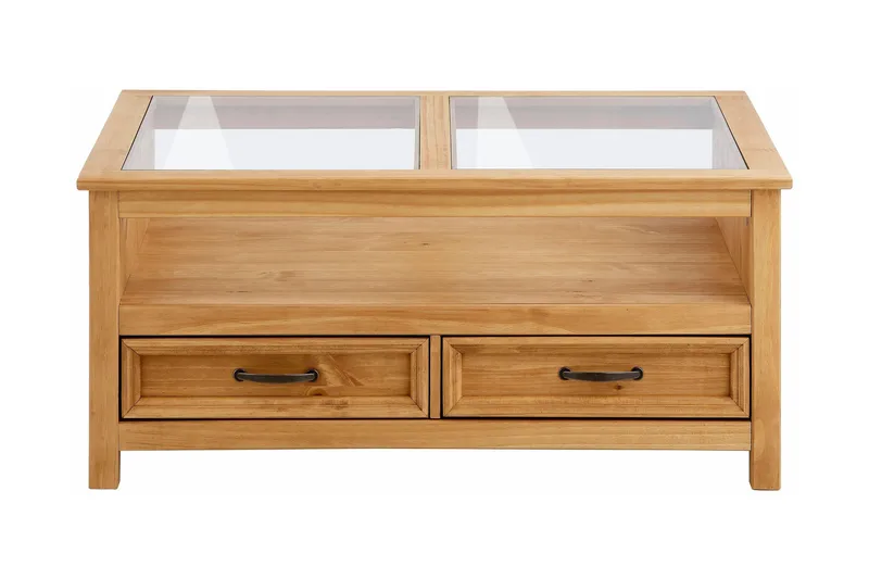 Purnima Sofabord 100 cm med Oppbevaring 2 Skuffer + Hylle, Glass/Brun