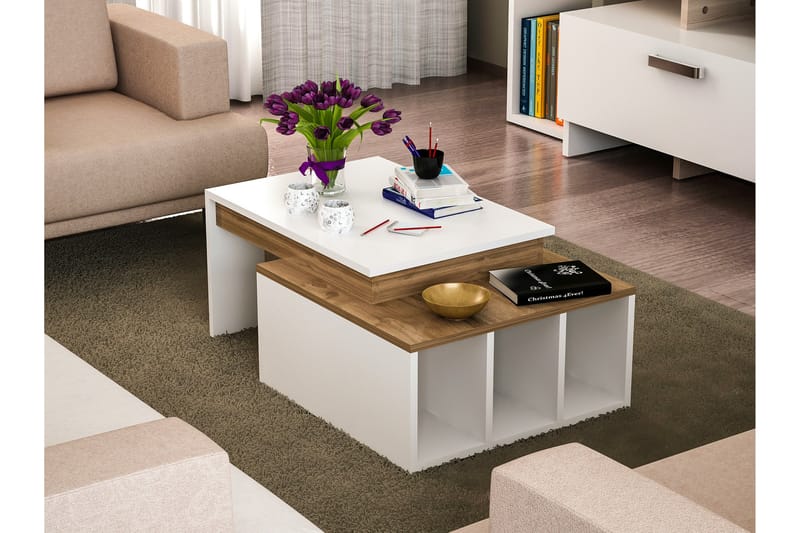 Qalora Sofabord 90 cm med Oppbevaringshyller - Hvit/Tre - Møbler - Bord - Sofabord