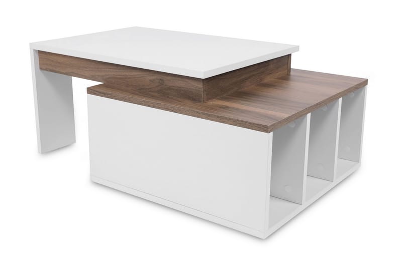 Qalora Sofabord 90 cm med Oppbevaringshyller - Hvit/Tre - Møbler - Bord - Sofabord