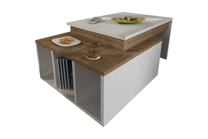 Qalora Sofabord 90 cm med Oppbevaringshyller - Hvit/Tre - Møbler - Bord - Sofabord