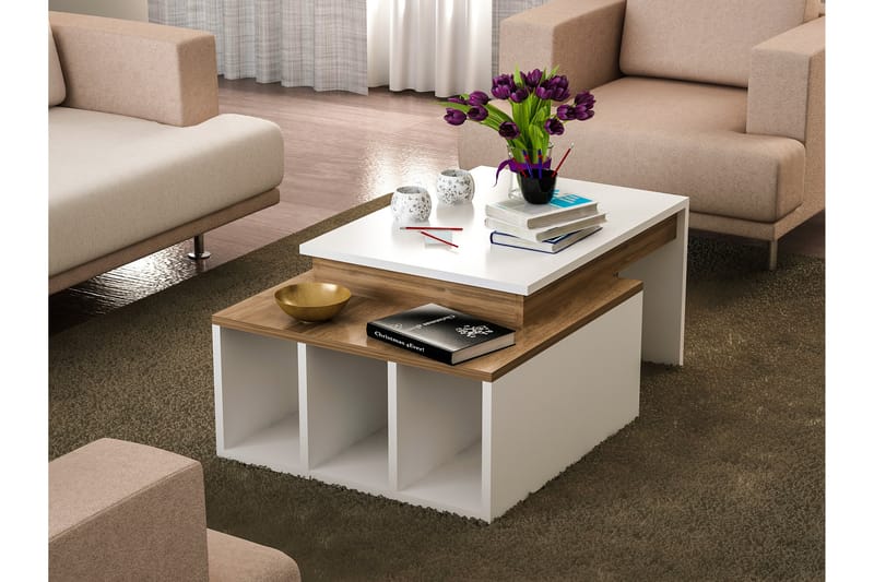 Qalora Sofabord 90 cm med Oppbevaringshyller - Hvit/Tre - Møbler - Bord - Sofabord